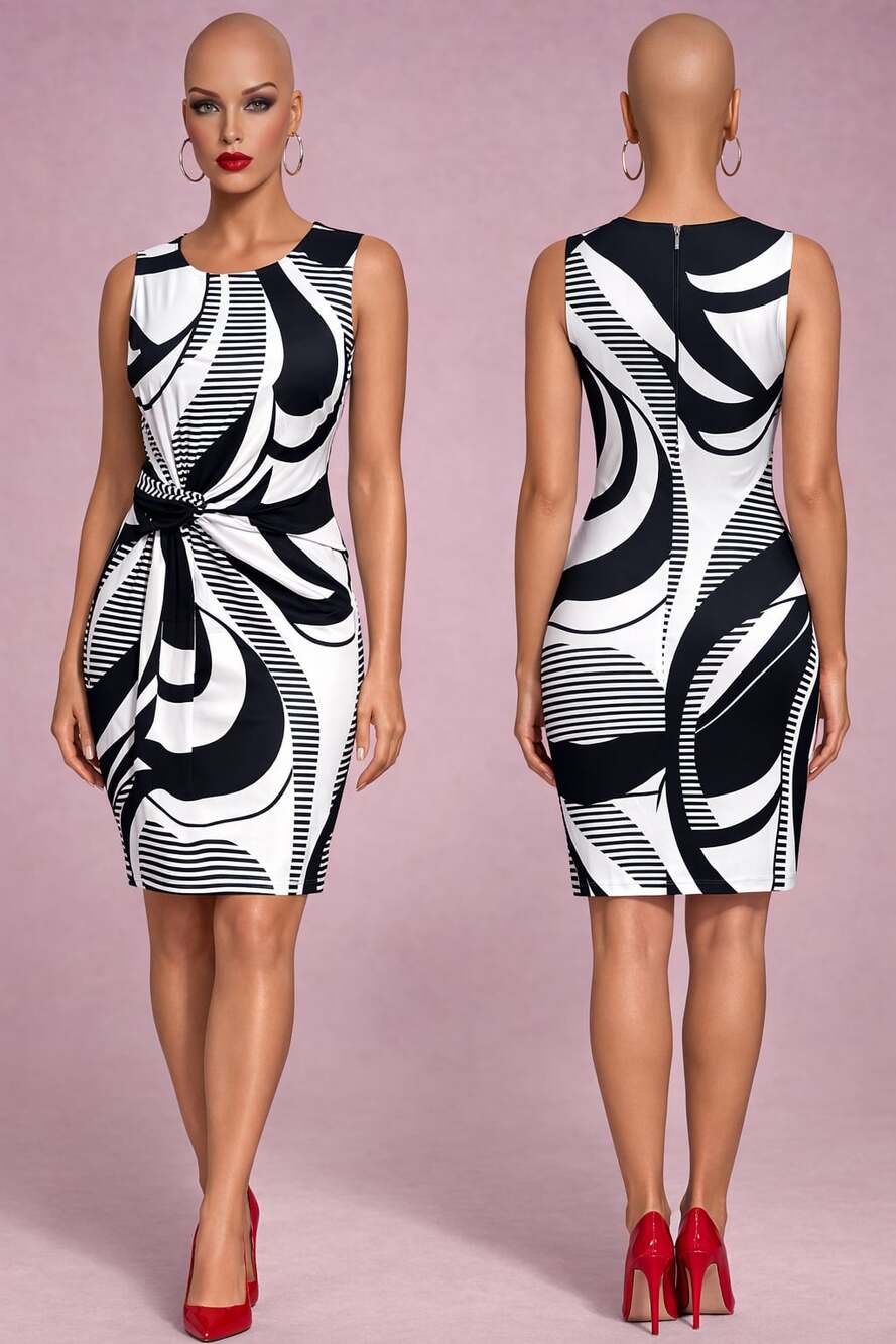 Ashley Stewart Black White Abstract Print Sleeveless Sheath Dress Size 12 Side K